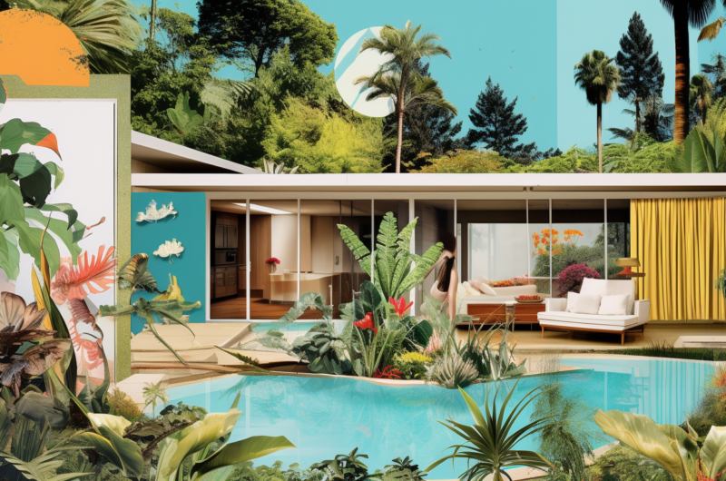 a vision board with a mid-century modern house, a swimming pool, lush landscaping