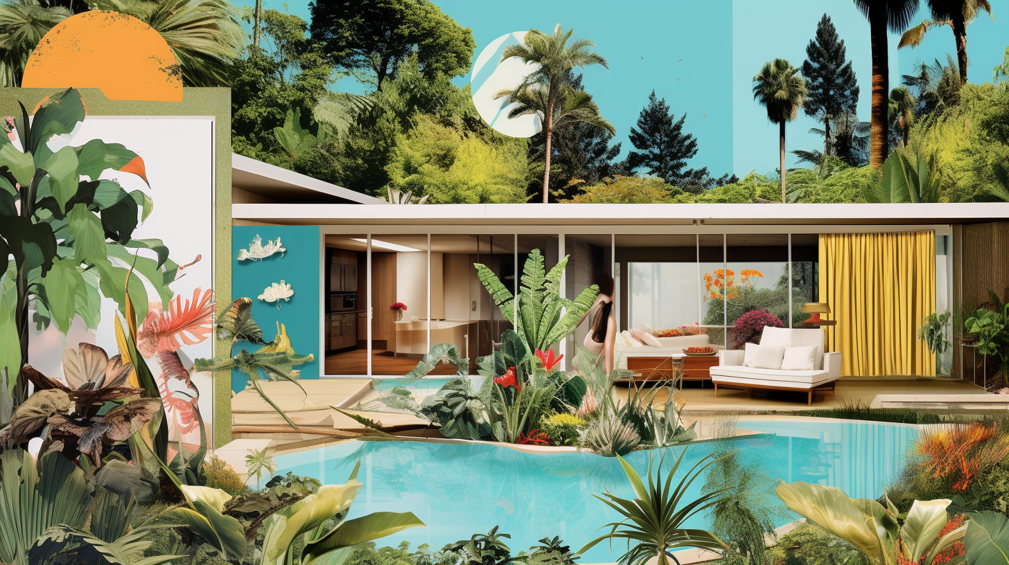 a vision board with a mid-century modern house, a swimming pool, lush landscaping